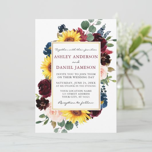 Waterverf Floral Gold Lijst Wedding Burgundy Kaart (Staand voorkant)
