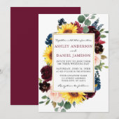Waterverf Floral Gold Lijst Wedding Burgundy Kaart (Voorkant / Achterkant)