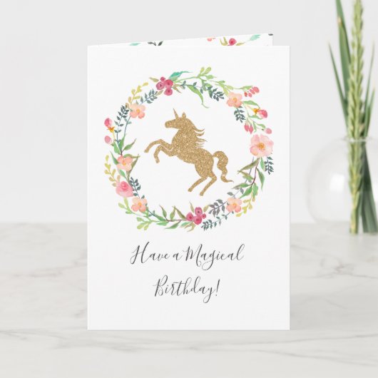 Waterverf Floral Gold Magical Unicorn Birthday Kaart (Voorkant)