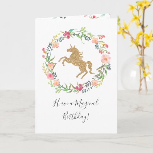Waterverf Floral Gold Magical Unicorn Birthday Kaart (Gele Bloem)