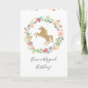 Waterverf Floral Gold Magical Unicorn Birthday Kaart