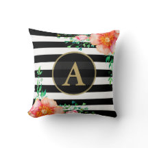 Waterverf Floral Gold Monogram Black White Stripe