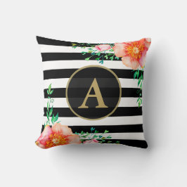 Waterverf Floral Gold Monogram Black White Stripe Kussen