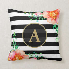 Waterverf Floral Gold Monogram Black White Stripe Kussen