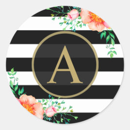 Waterverf Floral Gold Monogram Black White Stripe Ronde Sticker