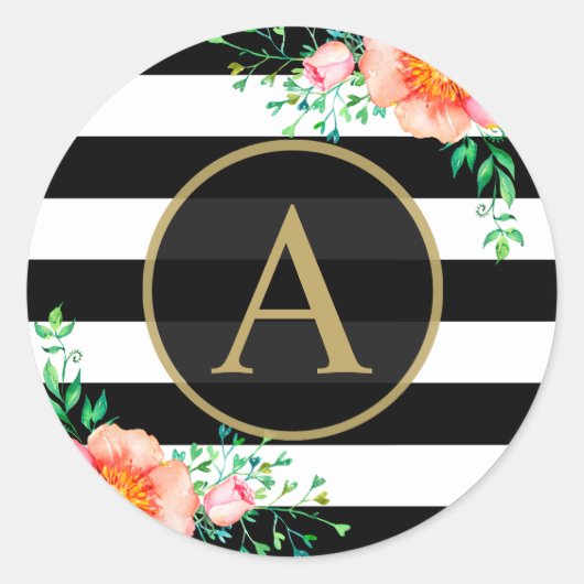 Waterverf Floral Gold Monogram Black White Stripe Ronde Sticker (Voorkant)
