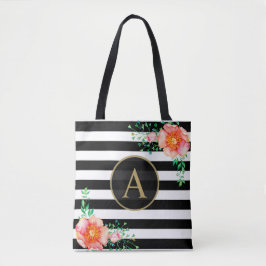 Waterverf Floral Gold Monogram Black White Stripe Tote Bag