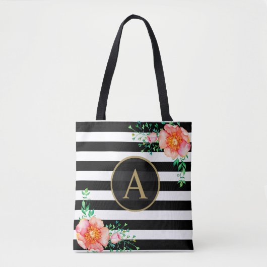 Waterverf Floral Gold Monogram Black White Stripe Tote Bag (Voorkant)