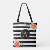 Waterverf Floral Gold Monogram Black White Stripe Tote Bag (Achterkant)