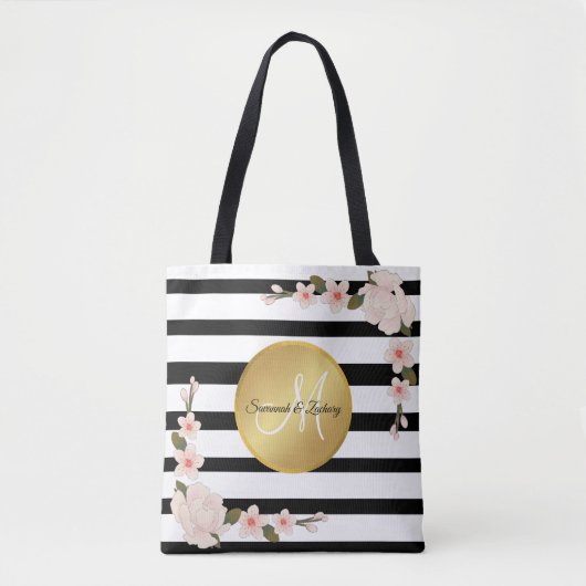 Waterverf Floral Gold Monogram Black Witte streep Tote Bag (Voorkant)