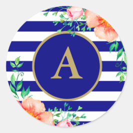 Waterverf Floral Gold Monogram Navy White Stripe Ronde Sticker
