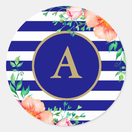 Waterverf Floral Gold Monogram Navy White Stripe Ronde Sticker (Voorkant)