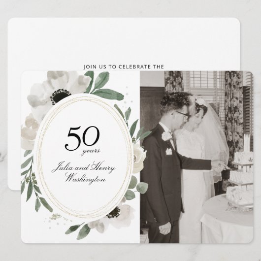 Waterverf Floral Gold Photo 50e Jubileum Kaart (Voorkant / Achterkant)