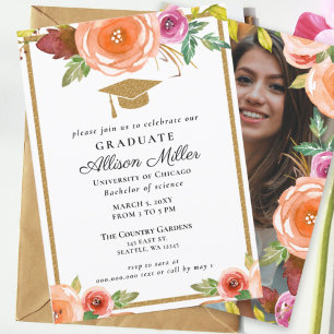 Waterverf Floral Gold Photo Afstuderen Kaart