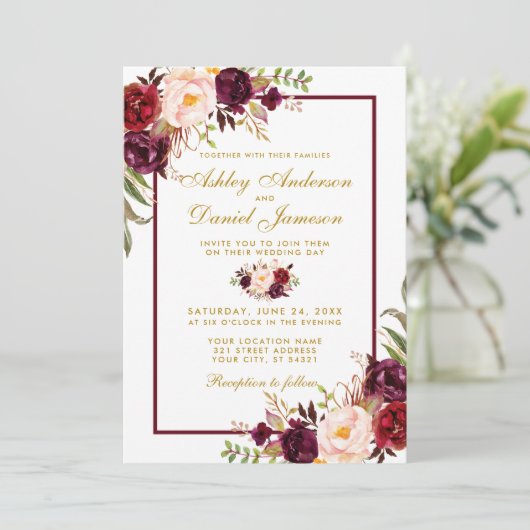 Waterverf Floral Gold Photo Wedding Kaart (Staand voorkant)