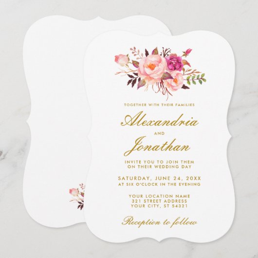 Waterverf Floral Gold Pink Blush Wedding BR Kaart (Voorkant / Achterkant)