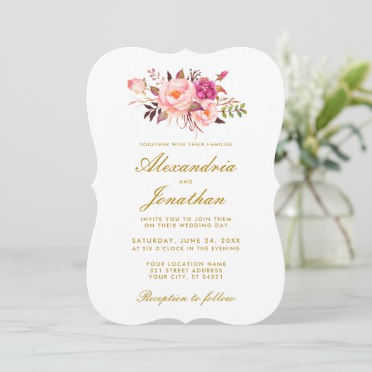 Waterverf Floral Gold Pink Blush Wedding BR Kaart (Staand voorkant)