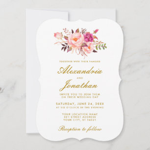 Waterverf Floral Gold Pink Blush Wedding BR Kaart