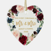 Waterverf Floral Gold Script Eerste Kerstmis Keramisch Ornament (Rechts)