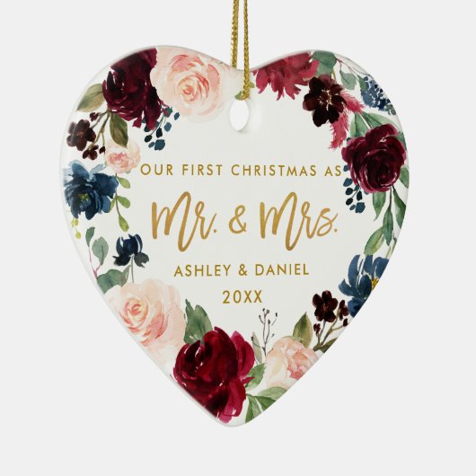 Waterverf Floral Gold Script Eerste Kerstmis Keramisch Ornament (Rechts)