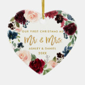 Waterverf Floral Gold Script Eerste Kerstmis Keramisch Ornament (Voorkant)