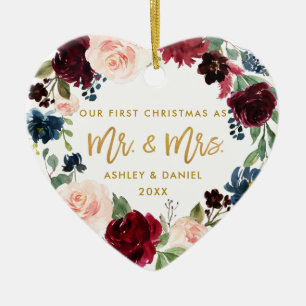 Waterverf Floral Gold Script Eerste Kerstmis Keramisch Ornament