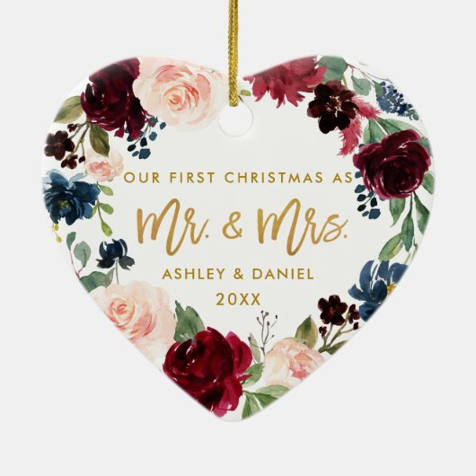 Waterverf Floral Gold Script Eerste Kerstmis Keramisch Ornament (Achterkant)