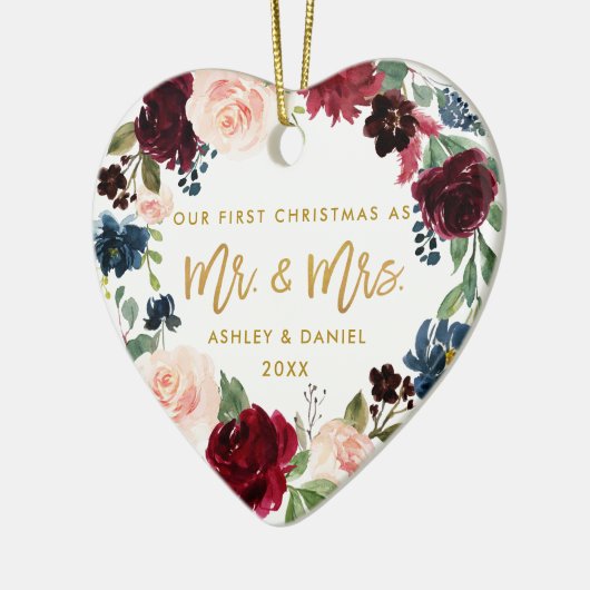 Waterverf Floral Gold Script Eerste Kerstmis Keramisch Ornament (Links)