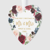 Waterverf Floral Gold Script Eerste Kerstmis Ornament (voorkant)