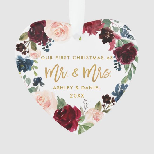 Waterverf Floral Gold Script Eerste Kerstmis Ornament (voorkant)