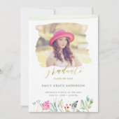 Waterverf Floral Gold Script Photo Afstuderen Aankondiging (Voorkant)