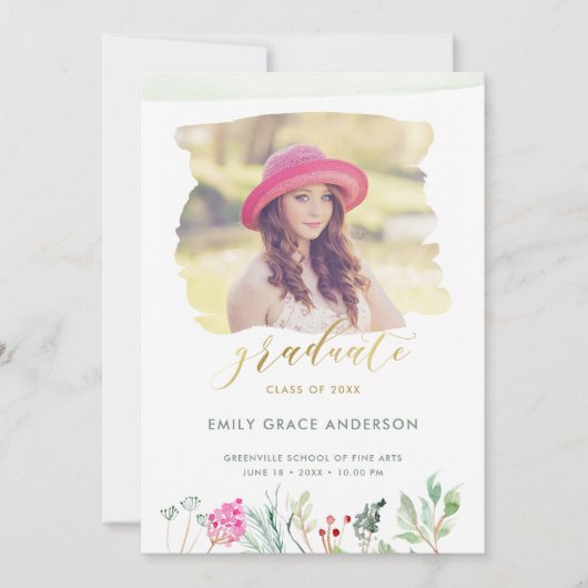 Waterverf Floral Gold Script Photo Afstuderen Aankondiging (Voorkant)