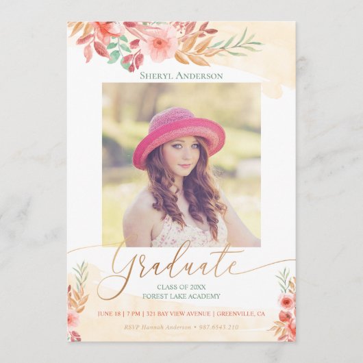 Waterverf Floral Gold Script Photo Afstuderen Aankondiging (Voorkant)