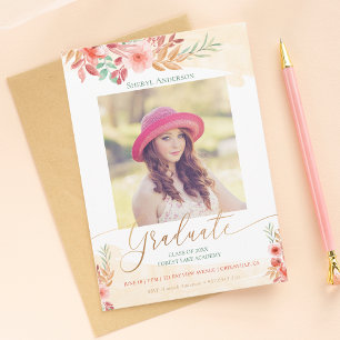 Waterverf Floral Gold Script Photo Afstuderen Aankondiging