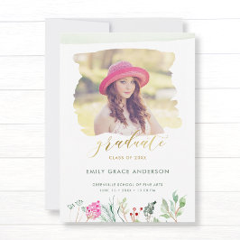 Waterverf Floral Gold Script Photo Afstuderen Aankondiging