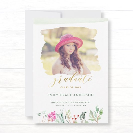Waterverf Floral Gold Script Photo Afstuderen Aankondiging