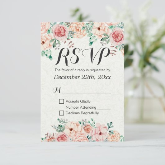 Waterverf Floral & Gold Script Wedding RSVP Antwoo (Staand voorkant)