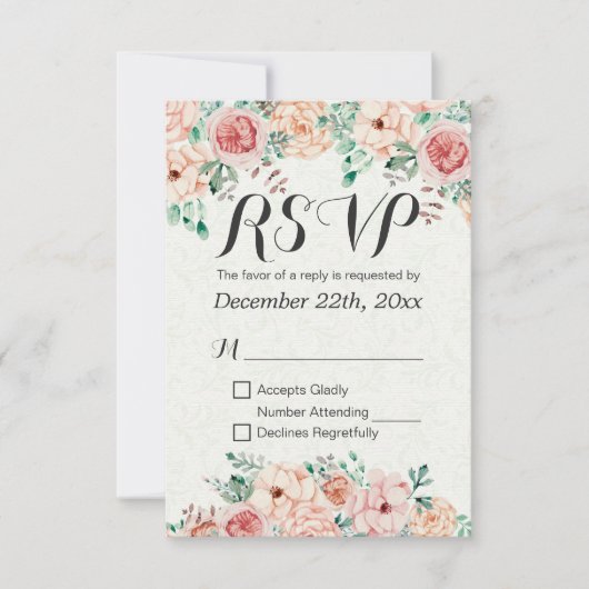 Waterverf Floral & Gold Script Wedding RSVP Antwoo Kaartje (Voorkant)