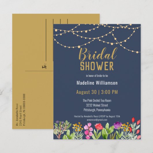 Waterverf Floral Gold String Lights Vrijgezellenfe Uitnodiging Briefkaart (Voorkant / Achterkant)