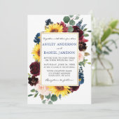 Waterverf Floral Gold Wedding Blue Foto Kaart (Staand voorkant)