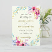 Waterverf Floral Gold Wedding Invitation Sjabloon (Staand voorkant)