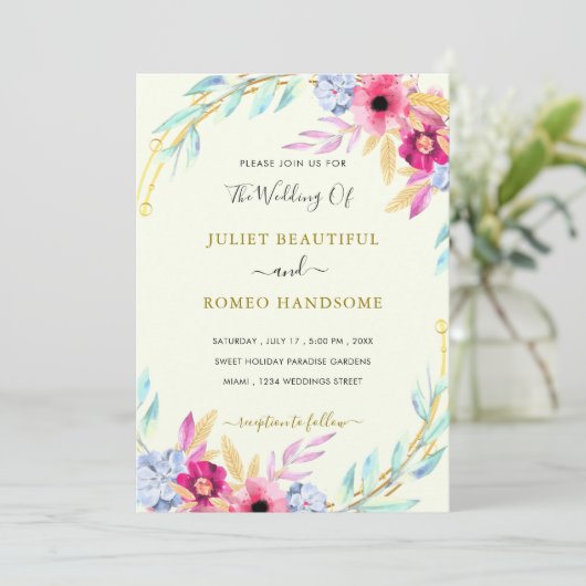 Waterverf Floral Gold Wedding Invitation Sjabloon (Staand voorkant)