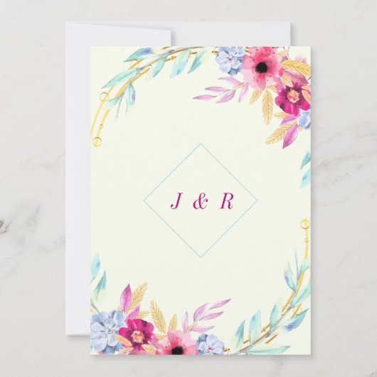 Waterverf Floral Gold Wedding Invitation Sjabloon (Achterkant)