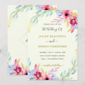 Waterverf Floral Gold Wedding Invitation Sjabloon (Voorkant / Achterkant)
