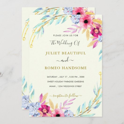 Waterverf Floral Gold Wedding Invitation Sjabloon (Voorkant / Achterkant)
