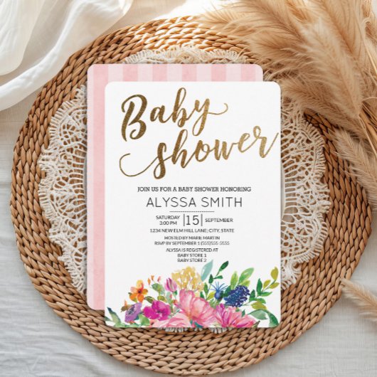 Waterverf Floral Gold White Baby shower Kaart