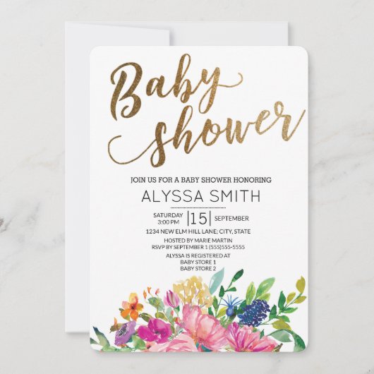 Waterverf Floral Gold White Baby shower Kaart (Voorkant)