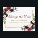 Waterverf Floral Gold wijzig de datum Briefkaart<br><div class="desc">Moderne Elegant Waterverf Burgundy Marsala Floral Change The Date Wedding Postponement Briefkaart is voorzien van bruine rozen,  roze rozen,  blauwe bloemen,  groen en een gouden lijst</div>