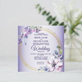 Waterverf Floral Golden Geometric Paars Wedding Kaart (Staand voorkant)