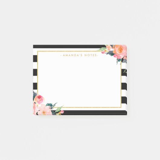 Waterverf Floral Goud Lijst Zwart Wit Strepen Post-it® Notes (Voorkant)